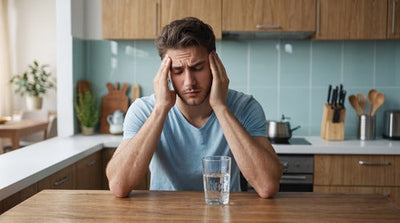 Young man with headache or migraine sitting with glass of water in the kitchen